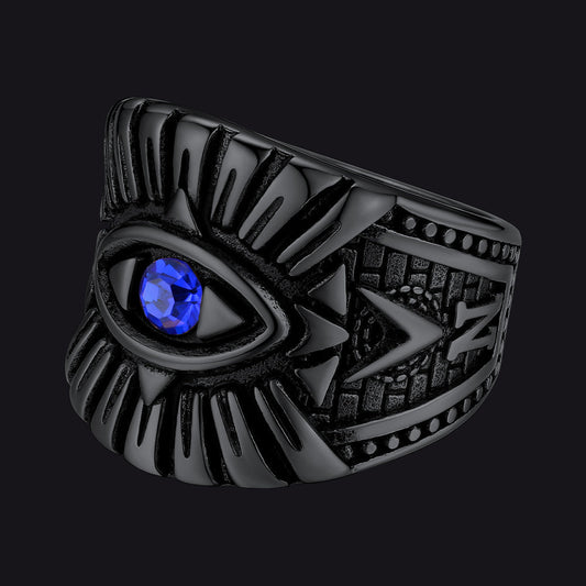 Blue Sapphire All Seeing Eye Stainless Steel Ring