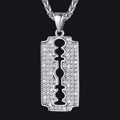 Engraved Razor Blade Pendant Necklace With Diamond for