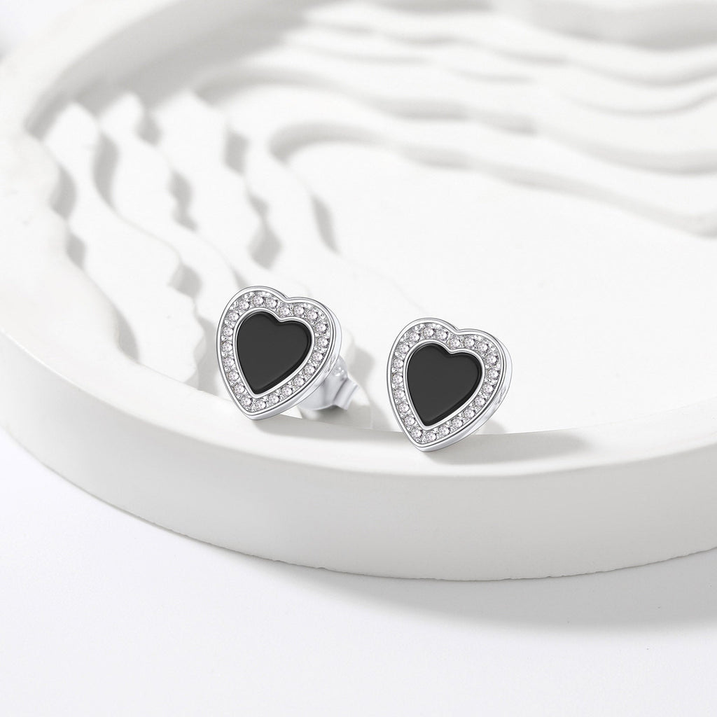 Flash Sterling Silver Heart-shaped Black Onyx Stud Earrings for