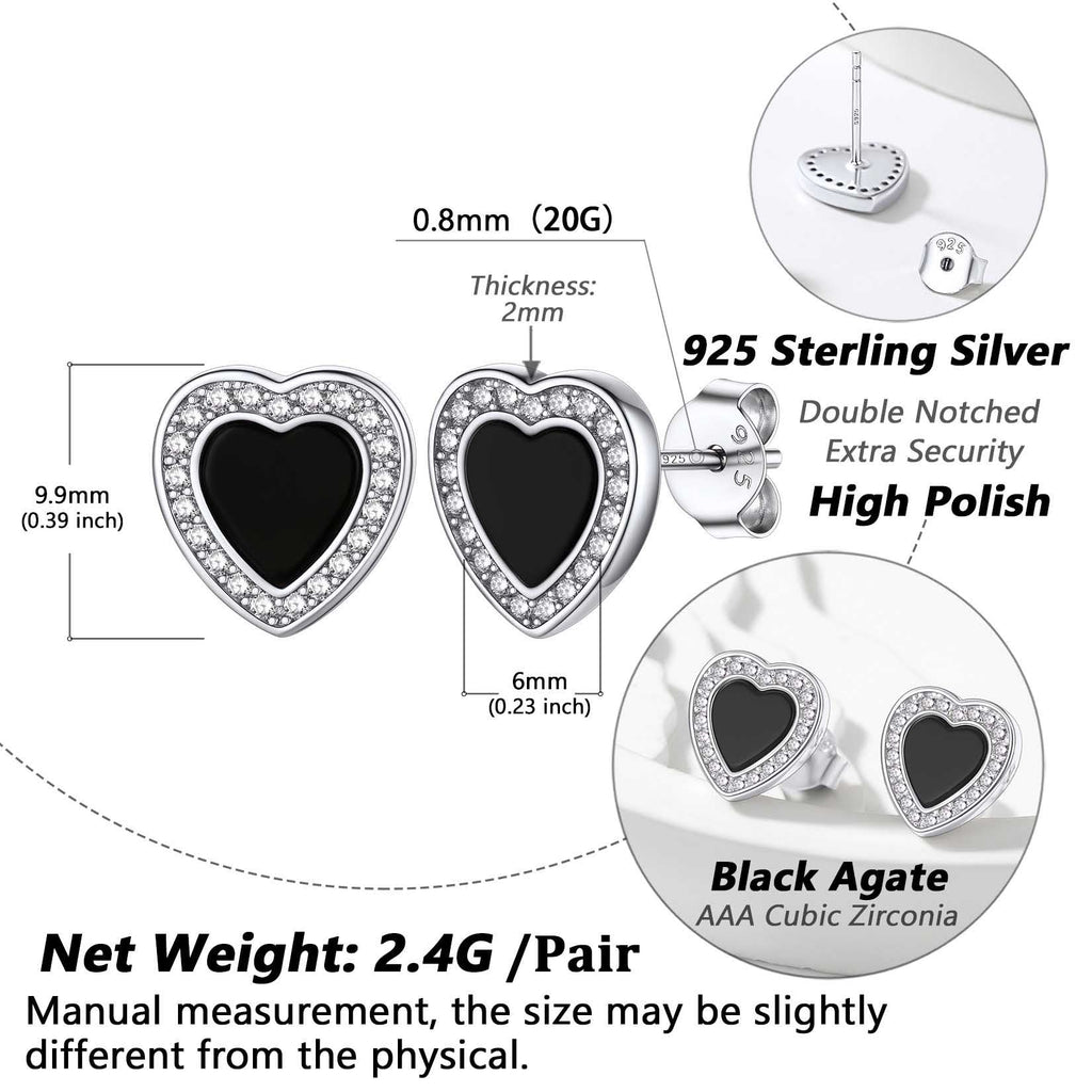 Flash Sterling Silver Heart-shaped Black Onyx Stud Earrings for