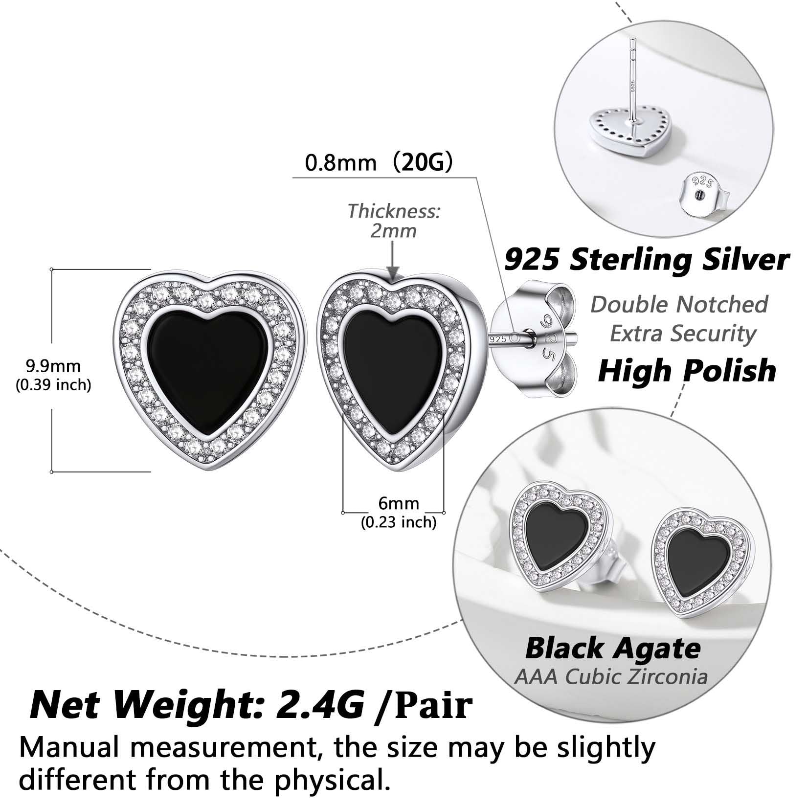 Flash Sterling Silver Heart-shaped Black Onyx Stud Earrings for