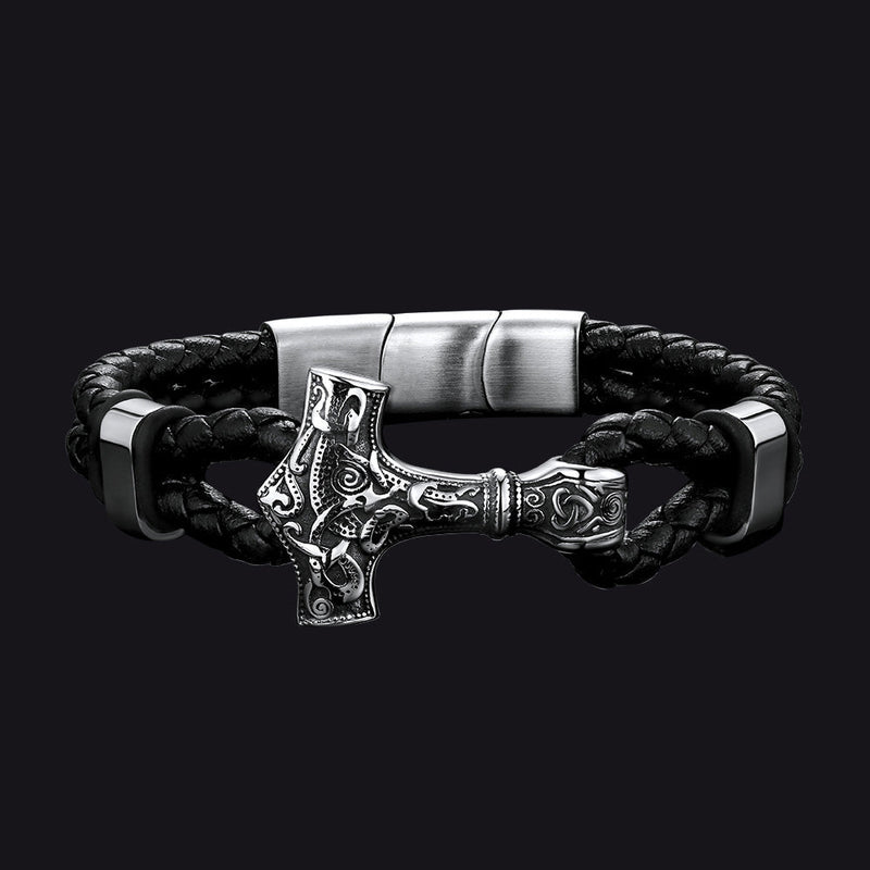 Viking Thor's Hammer Mjolnir Braided Leather Bracelet Gift for