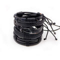 Black Leather Bracelet & Wristband in Rock Style Set of 5 Pcs