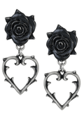 Black Rose and Heart Earrings With Pewter Detailing