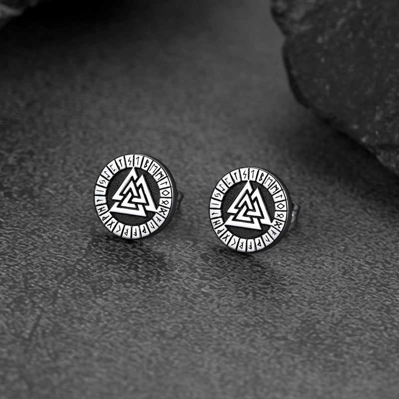 Viking Valknut Black Stud Earrings for With Runes