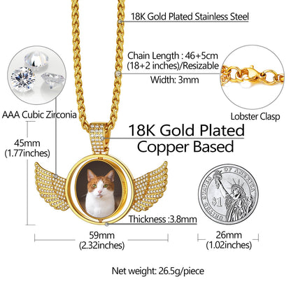 Custom Double-sided Picture Photo Circle Chain Necklace With Angel Wings for