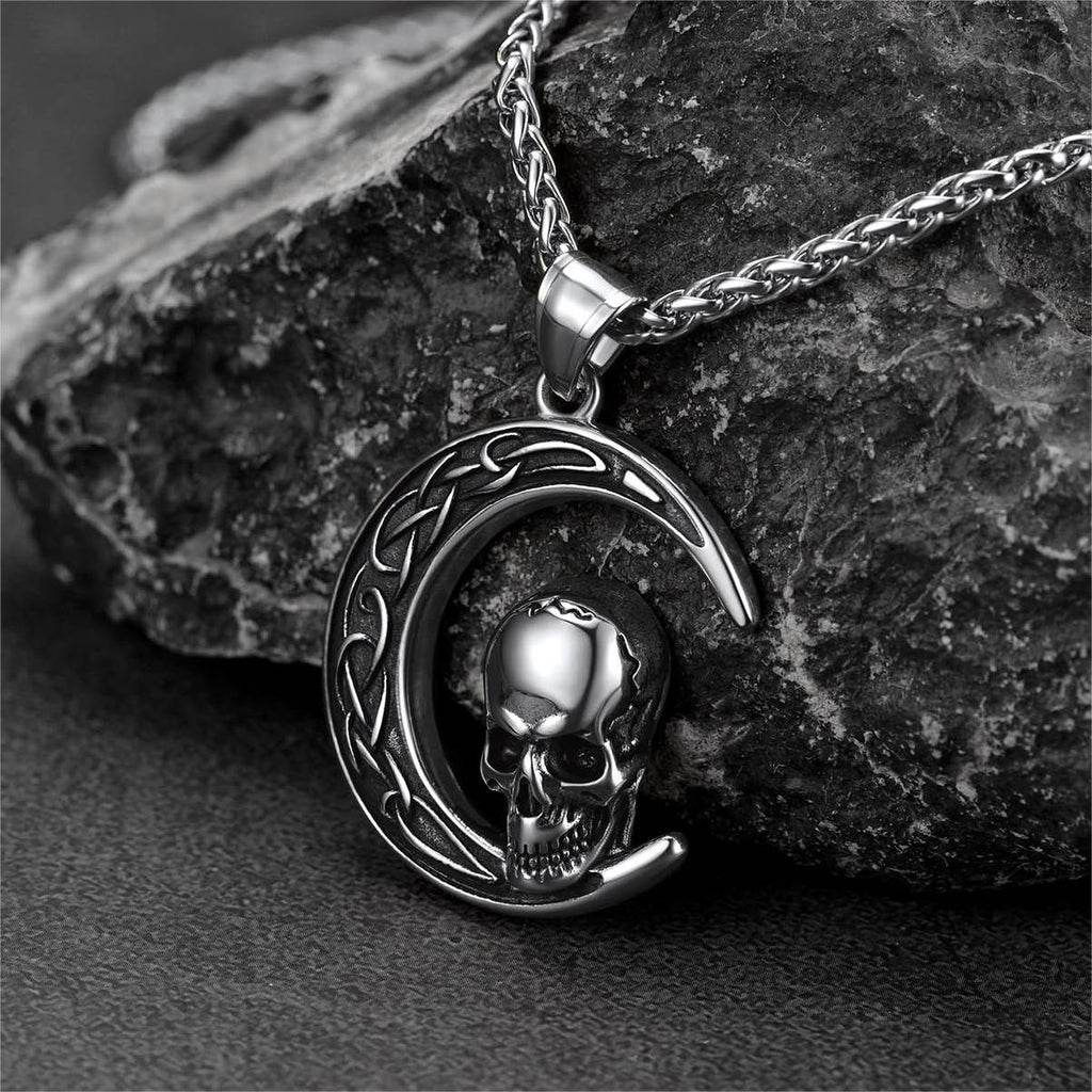 Flash Celtic Crescent Moon Skull Necklace for