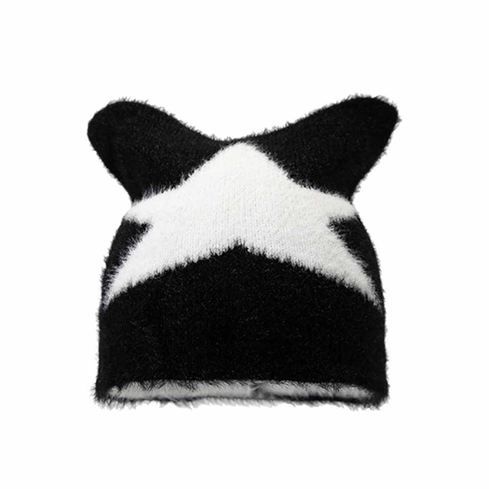 Y2k Cat Ear Star Print Knitted Beanie Hat