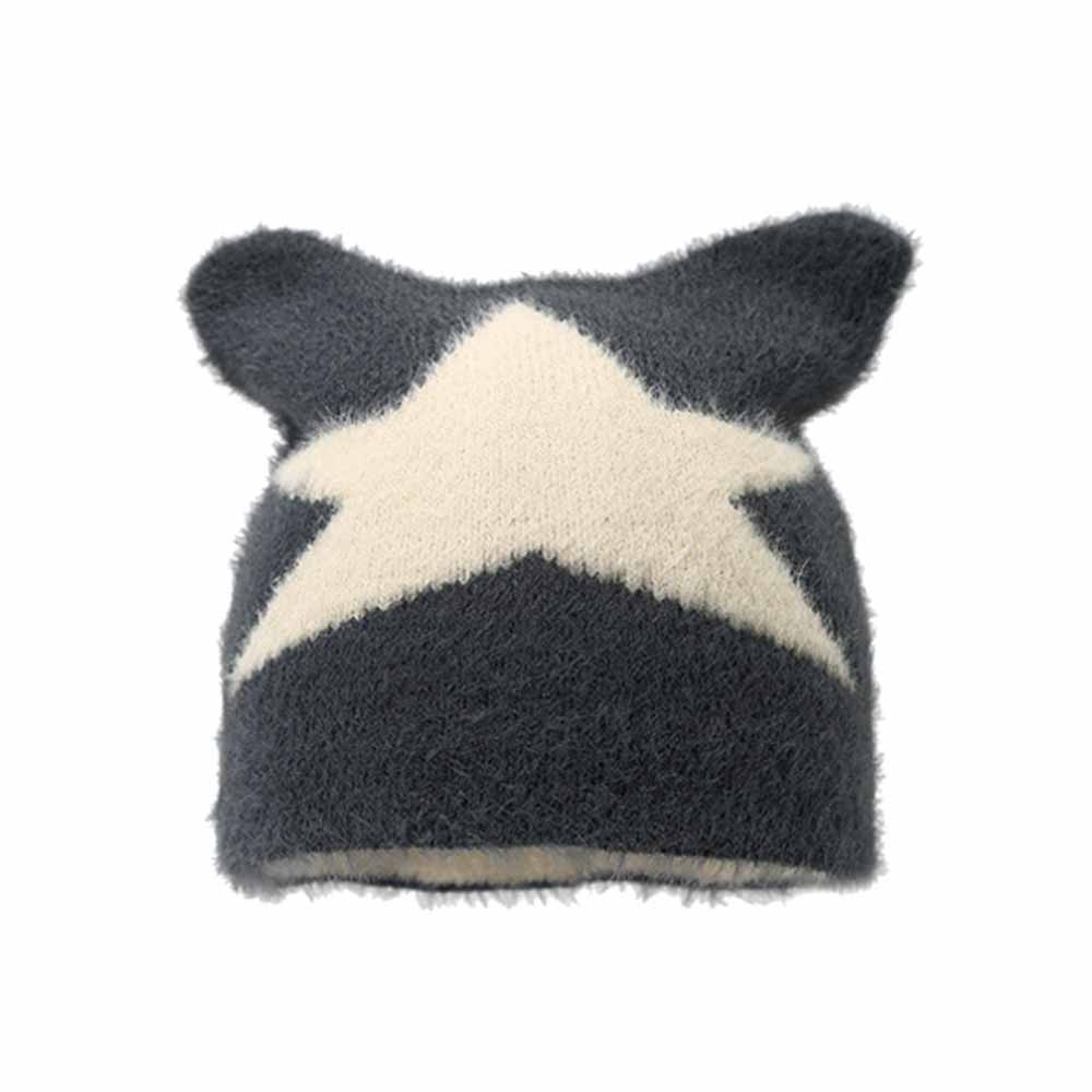 Y2k Cat Ear Star Print Knitted Beanie Hat