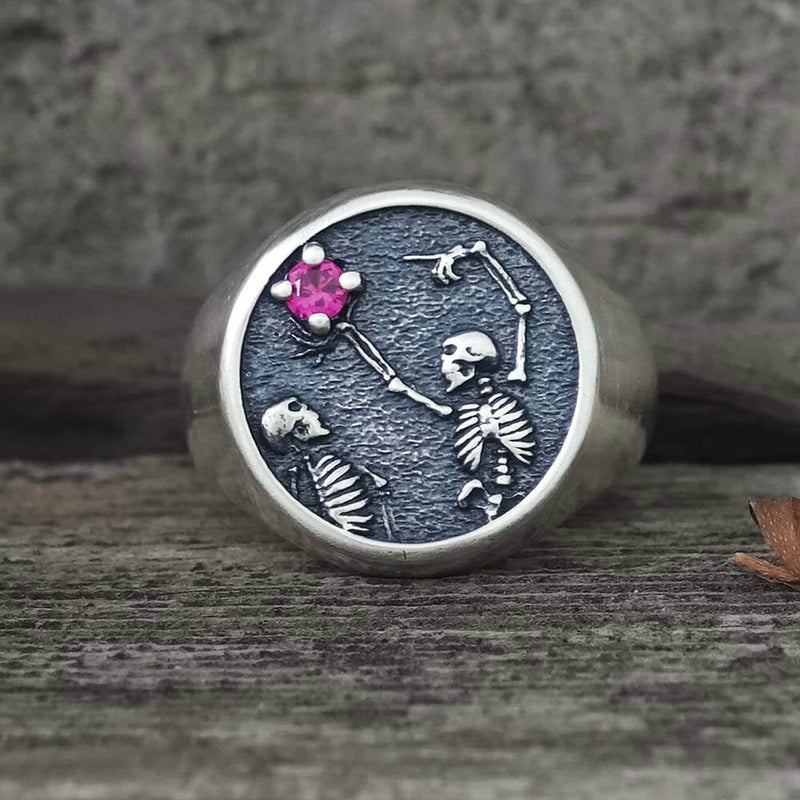 Give My Heart to You Red Gem Sterling Silver Skull Ring