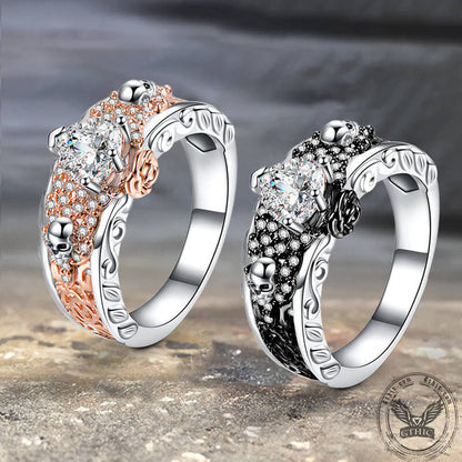 Goth Death Rose Brass Skull Wedding Ring