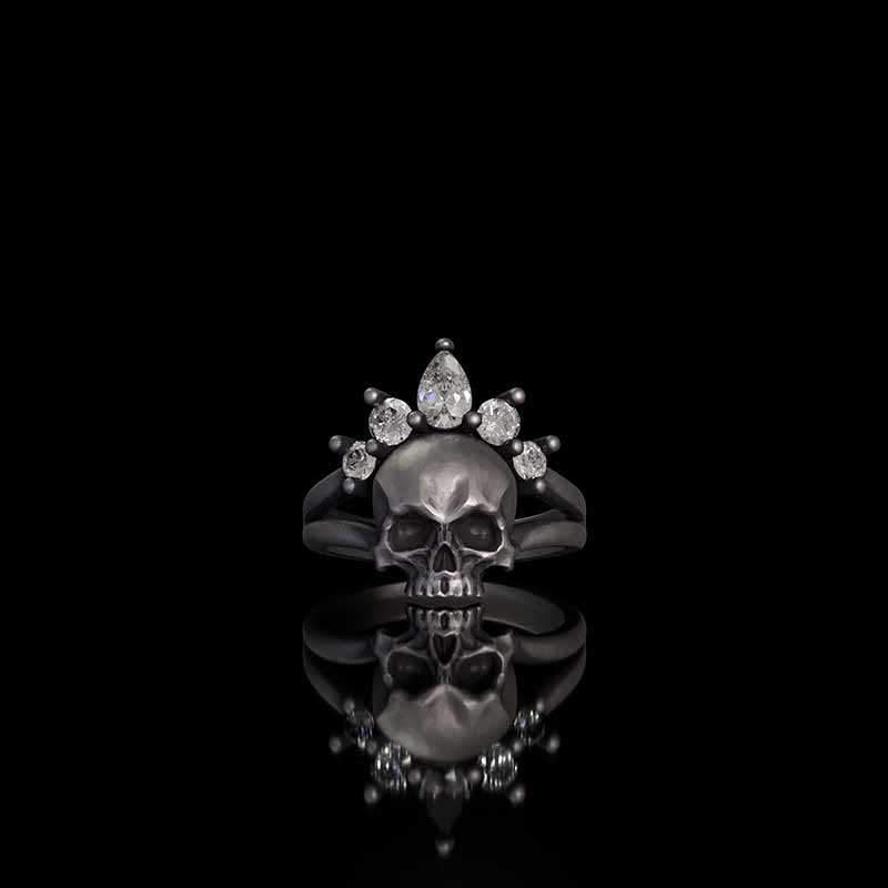 Gothic Crown Skull Sterling Silver Zircon Ring