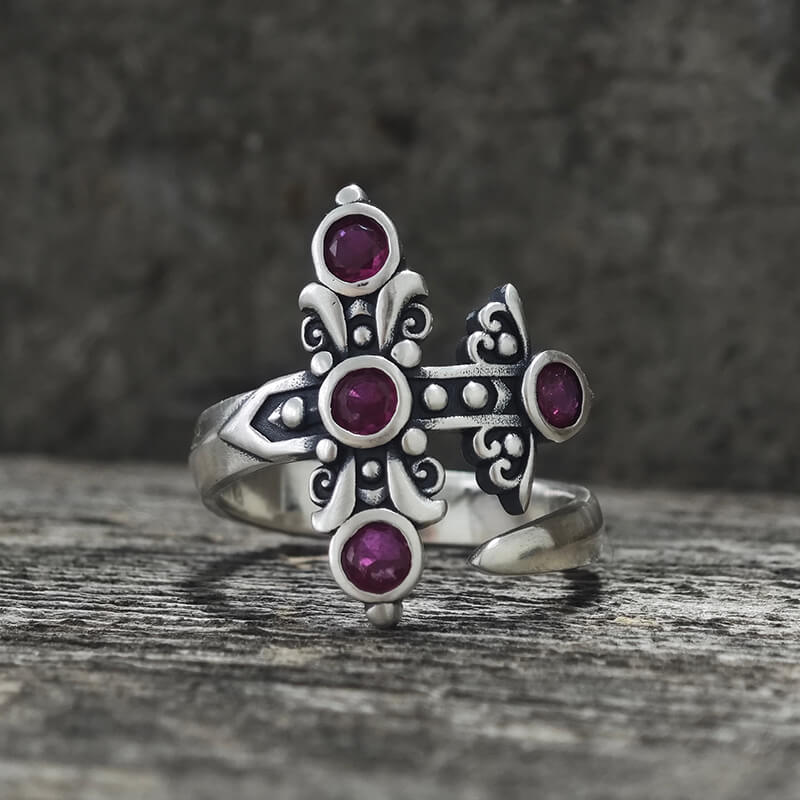 Gothic Curved Sword Sterling Silver Gem Ring