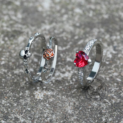 Gothic Heart Zircon Skull Brass Ring
