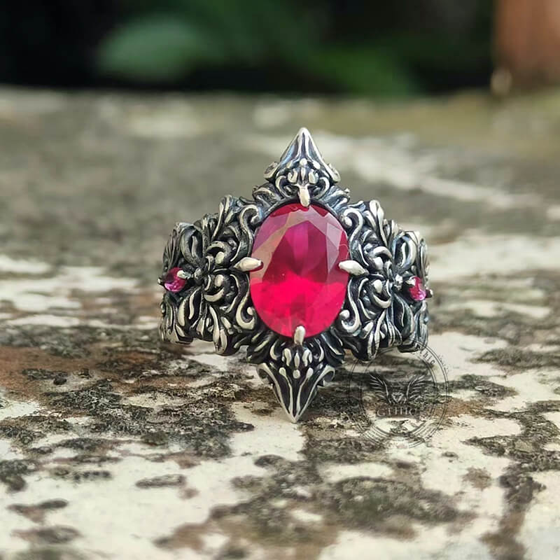 Gothic Pattern Inlaid Red Zircon Sterling Silver Ring