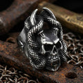 Gothic Snake Wrapped Horn Skull Stainless Steel Ring
