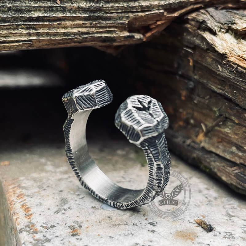 Hammered Pattern Runes Stainless Steel Open Ring