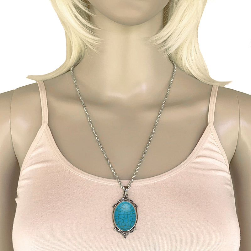 Antique Silver Turquoise Resin Cabochon Pendant on Fancy Rope Chain Necklace, 24