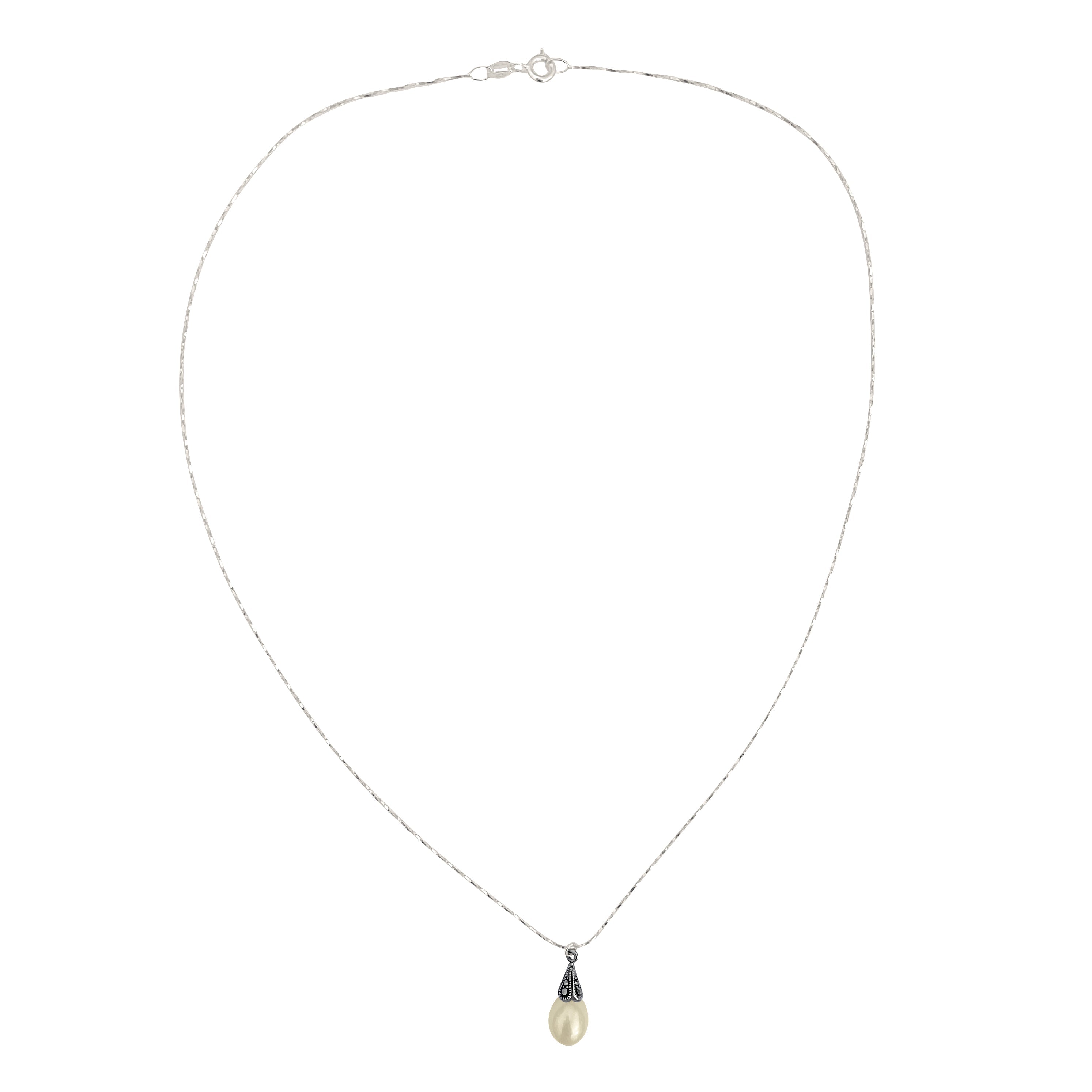 Antiqued Sterling Silver Marcasite Freshwater Pearl Pendant Delicate Chain Necklace, 18"