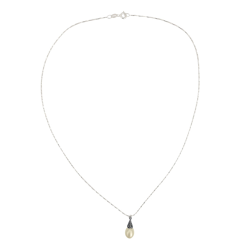 Antiqued Sterling Silver Marcasite Freshwater Pearl Pendant Delicate Chain Necklace, 18