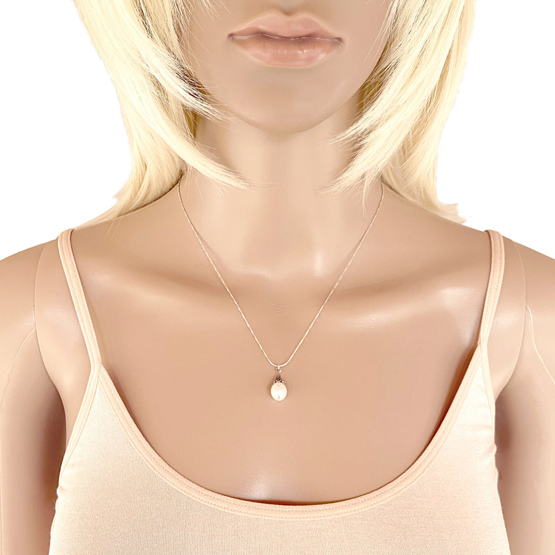 Antiqued Sterling Silver Marcasite Freshwater Pearl Pendant Delicate Chain Necklace, 18