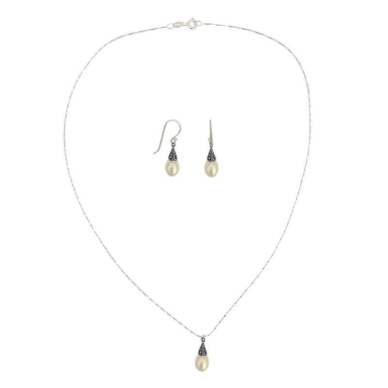 Antiqued Sterling Silver Crystal Marcasite Pearl Pendant Necklace and Earring Jewelry Set
