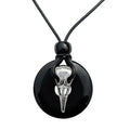 Silver Raven Skull on Black Onyx Tribal Black Leather Cord Necklace - 18 Inches