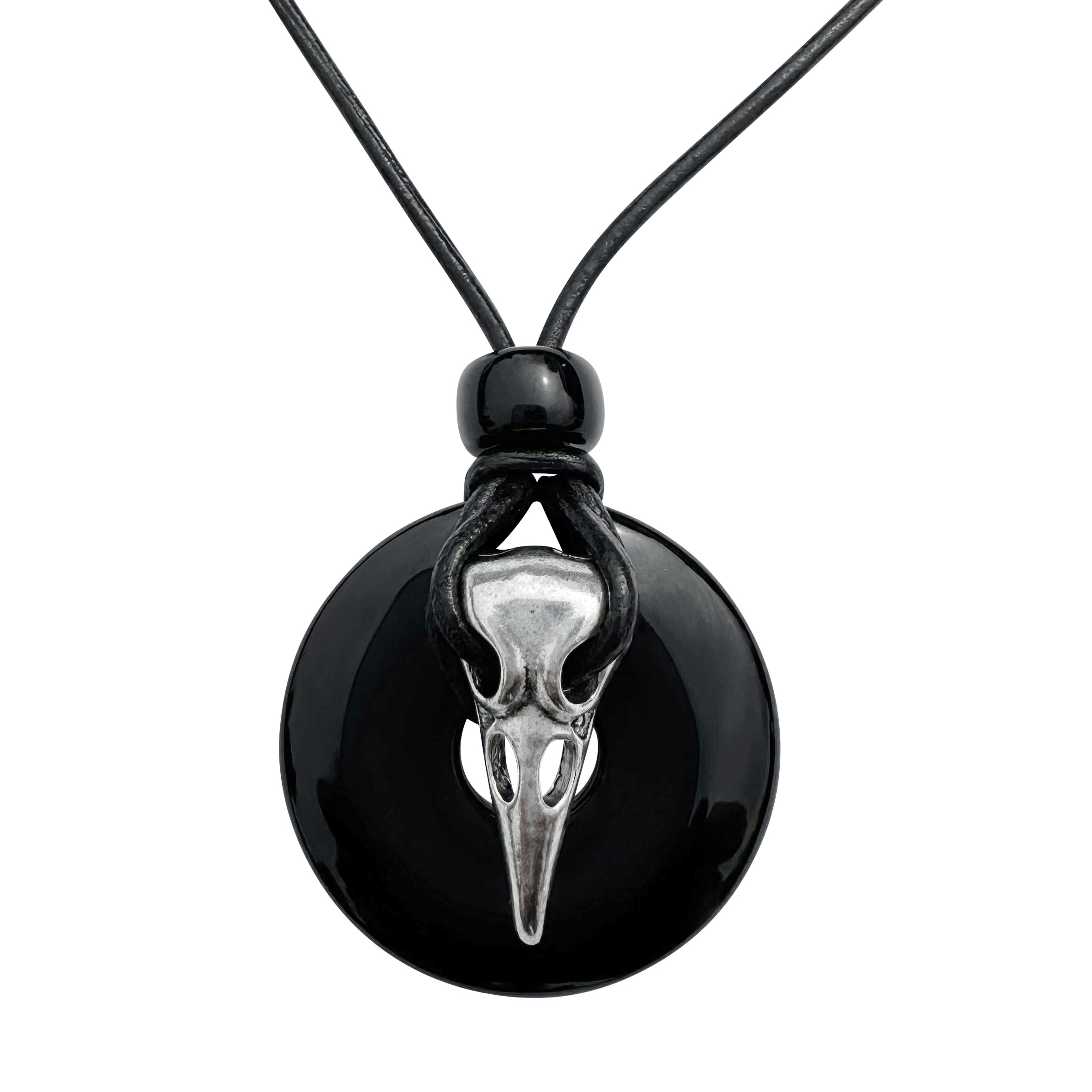 Silver Raven Skull on Black Onyx Tribal Black Leather Cord Necklace - 18 Inches