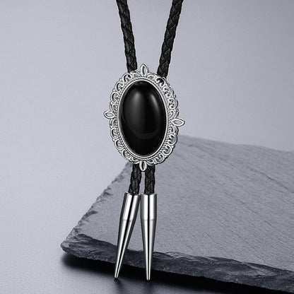 Western Black Onyx Leather Wedding Bolo Tie for