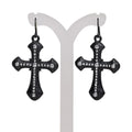 Pair of Gothic Bling Crystal Black Cross Earrings With Rhinestones on Black Steel Hook Ear Wires