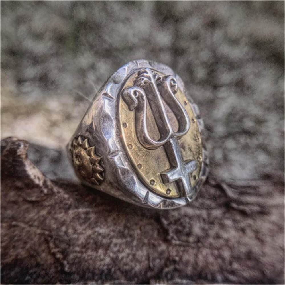 Trident of Poseidon Stainless Steel Petrine Cross Ring