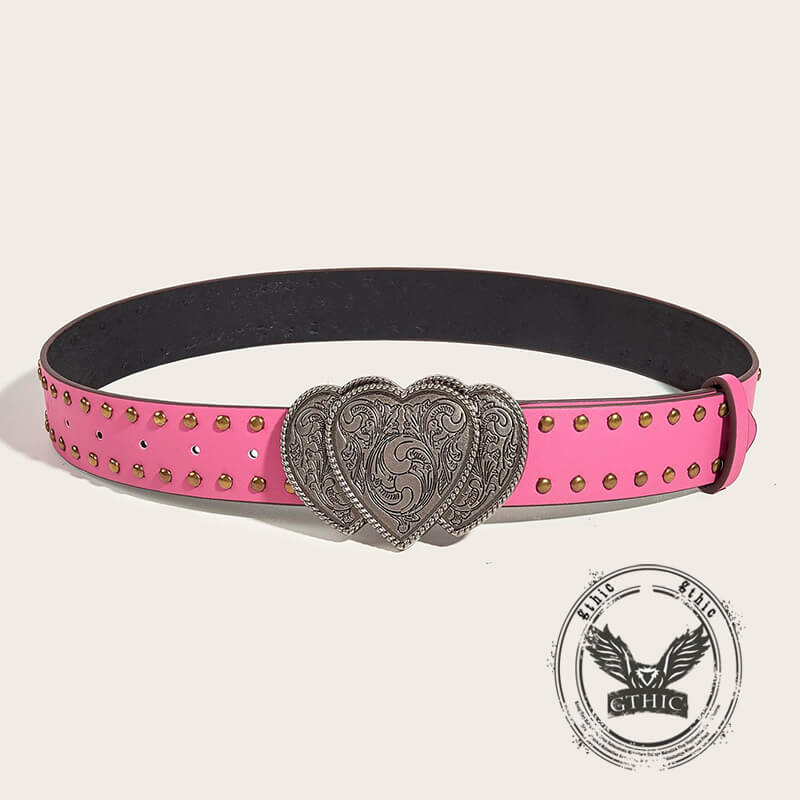 Punk Heart Overlapping Buckle Studded Pu Leather Belt