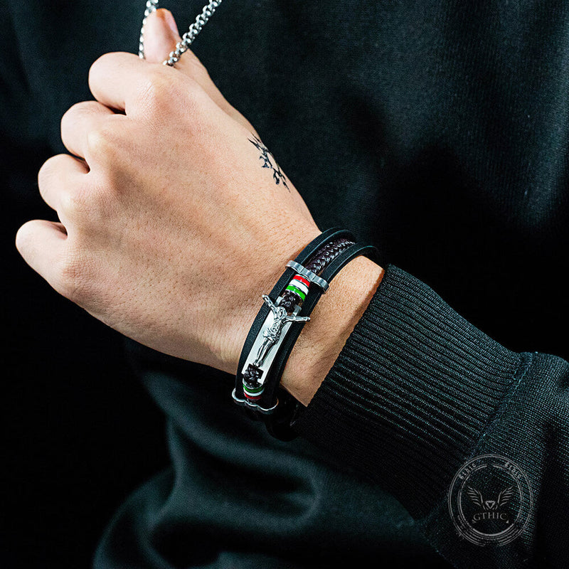 Punk Jesus Suffering Leather Woven Stainless Steel Bracelet