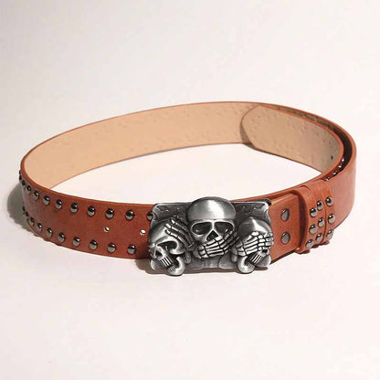 Punk Triple Skull Buckle Rivet Pu Leather Belt