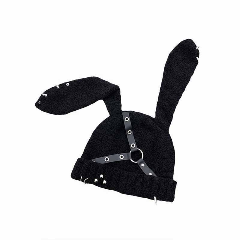 Punk Y2k Leather Buckle Rabbit Ear Rivet Design Hat