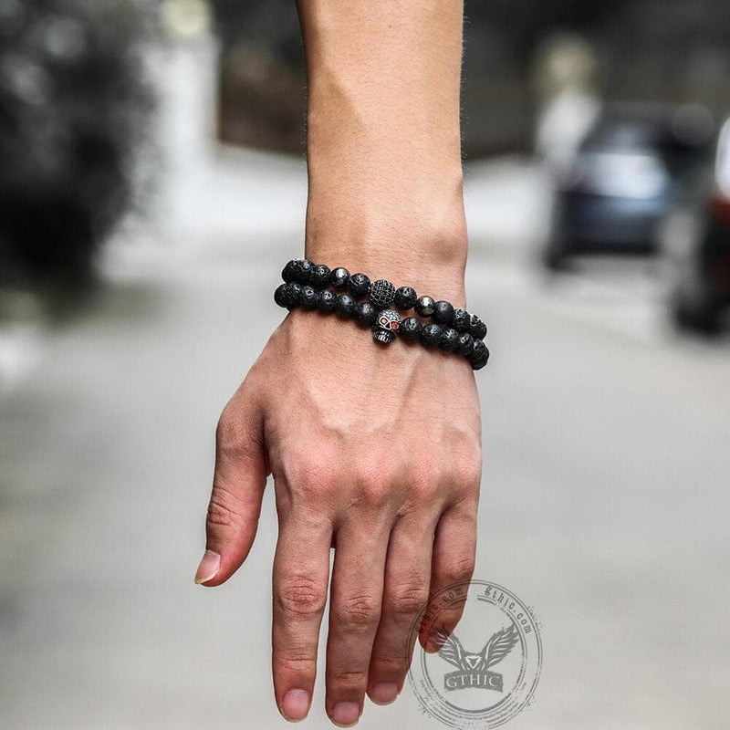Red Eye Skull Volcanic Rock Bracelet Set