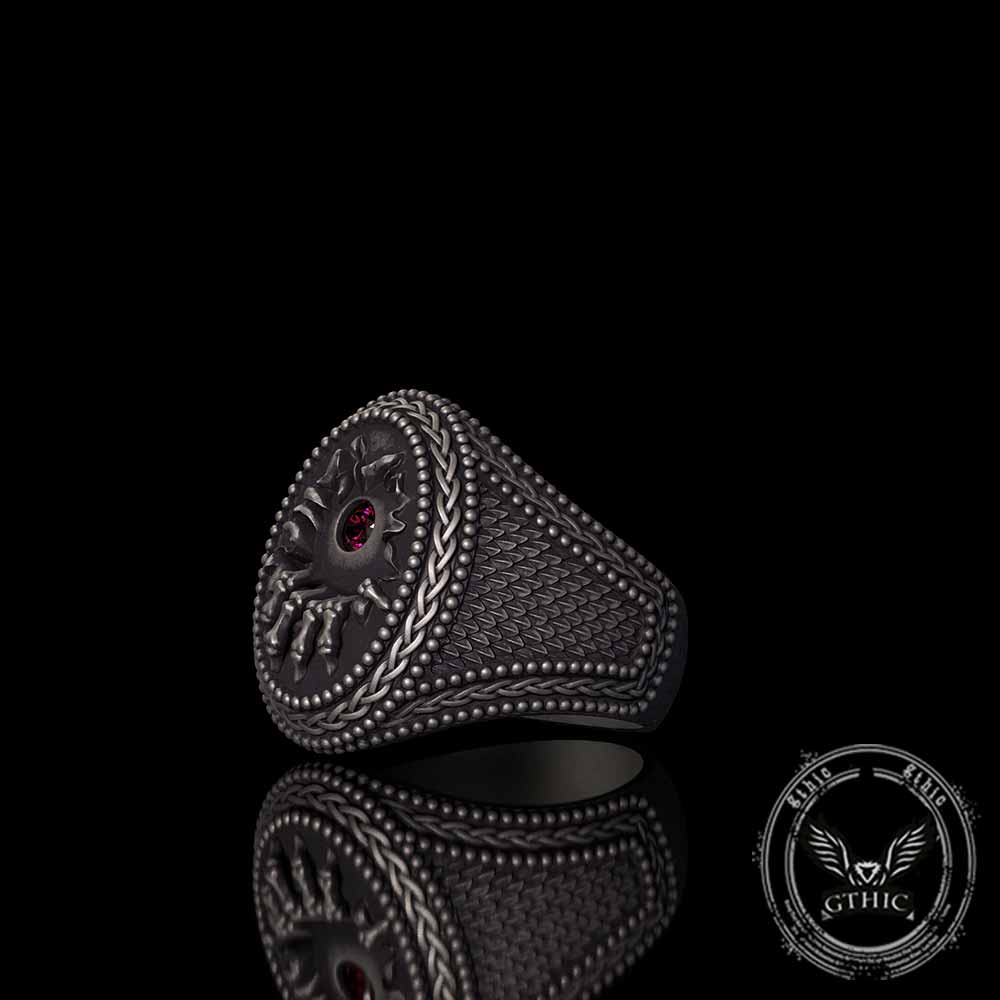 Red Zircon Eye Skull Hand Punk Sterling Silver Ring