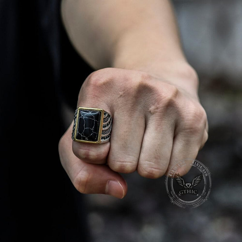 Retro Black Stone Stainless Steel Zircon Ring
