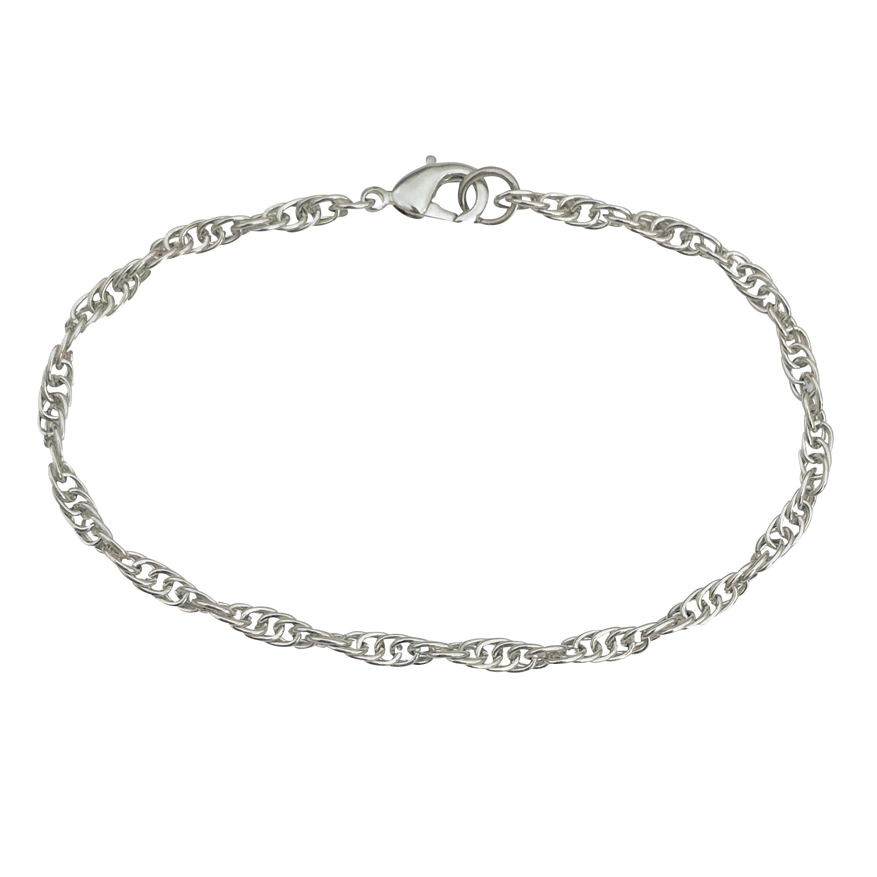 3mm Silver Plated Rope Chain Bracelet With Lobster Claw Clasp