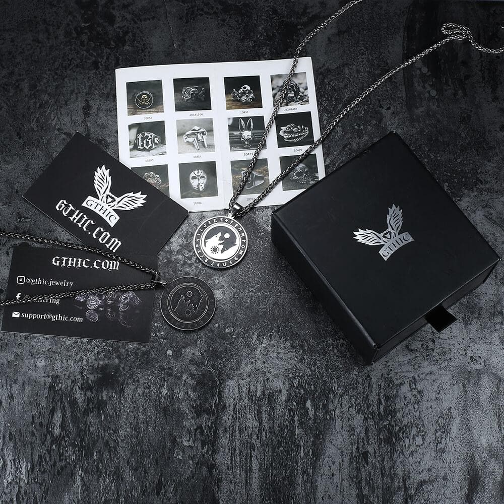 Rotatable Skoll and Hati Wolf Runes Stainless Steel Pendant