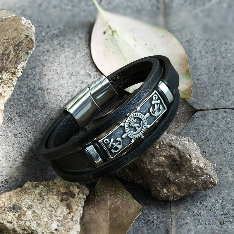 Rudder Anchor Stainless Steel Leather Bracelet