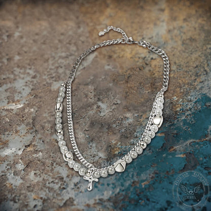 Simple Pearl Cross Stainless Steel Double Layer Necklace