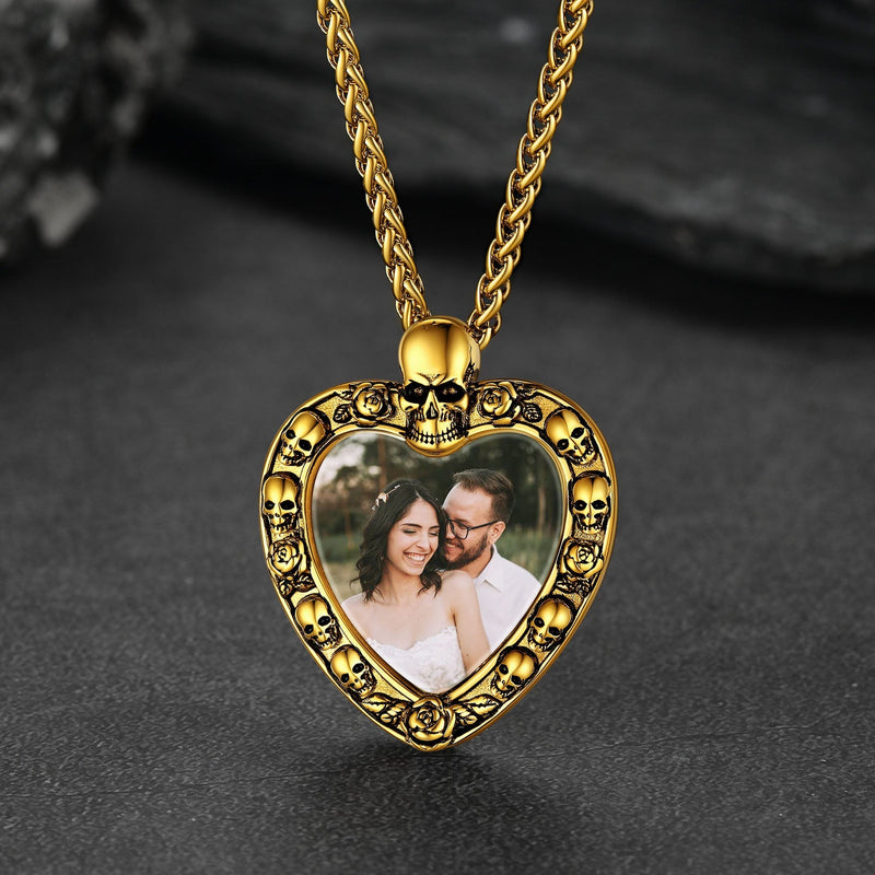 Customized Memorial Heart Photo Necklace With Skull for