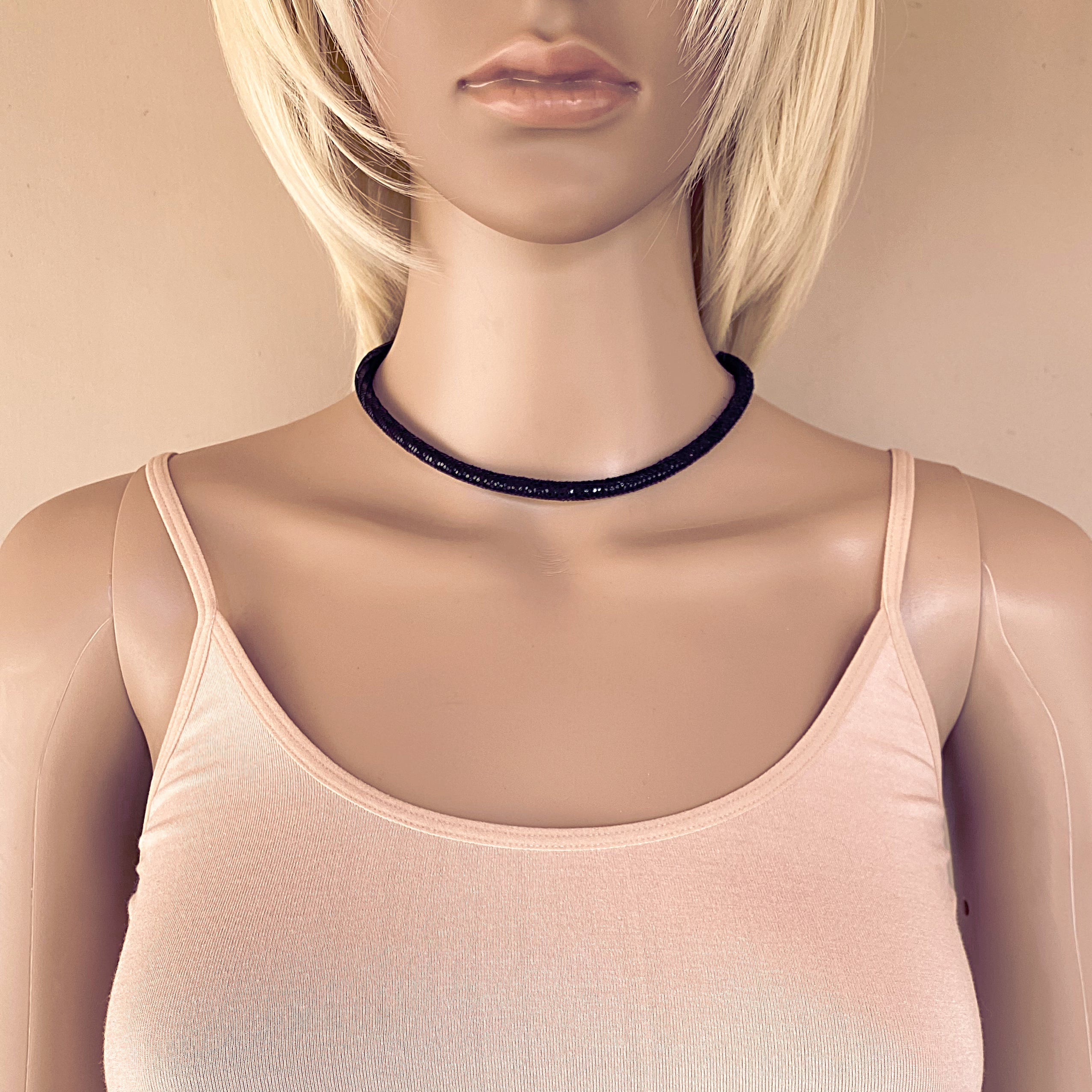 Black Leather Sparkly Snakeskin Choker Necklace With Silver Extender Chain & Swarovski Crystal