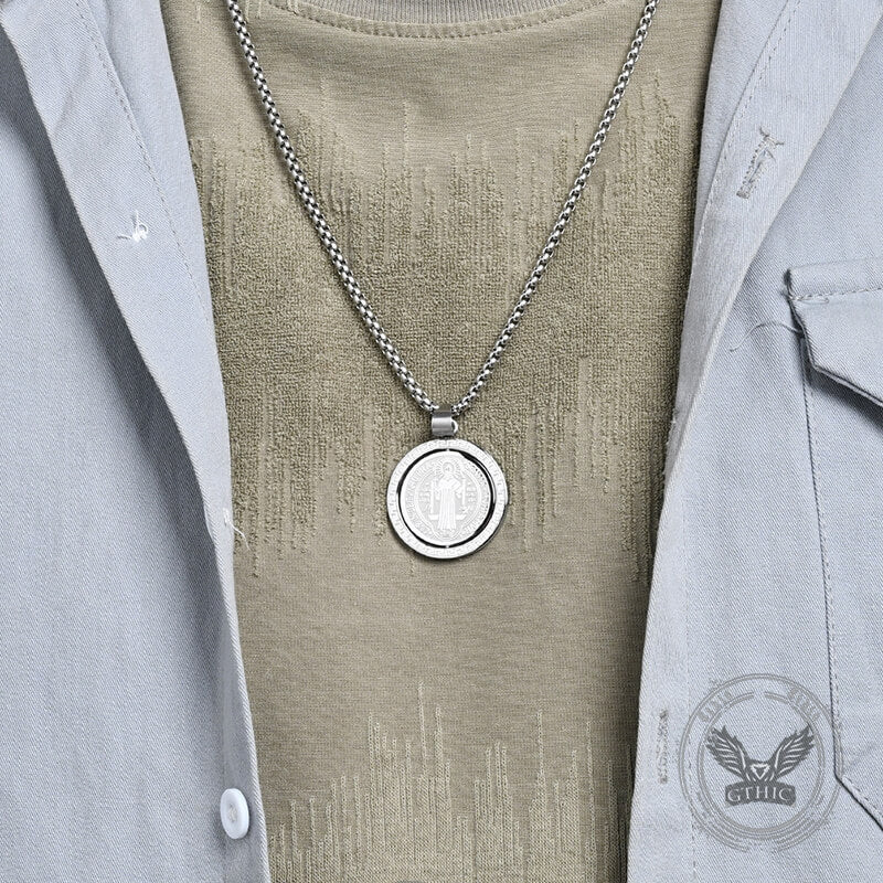 St. Benedict Double-sided Rotating Stainless Steel Amulet Pendant