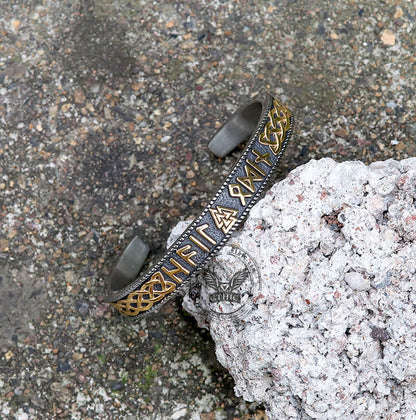 Stamped Futhark Runes Stainless Steel Viking Cuff Bracelet
