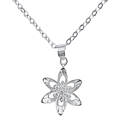 Sterling Silver Mini Cubic Zirconia Flower Pendant on Silver Cable Chain Necklace, 18" With Extender