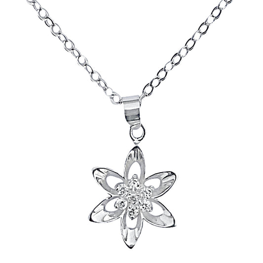 Sterling Silver Mini Cubic Zirconia Flower Pendant on Silver Cable Chain Necklace, 18" With Extender
