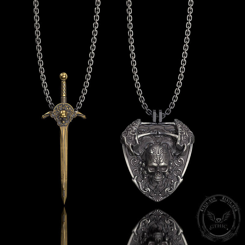 Sword and Shield Sterling Silver Skull Pendant