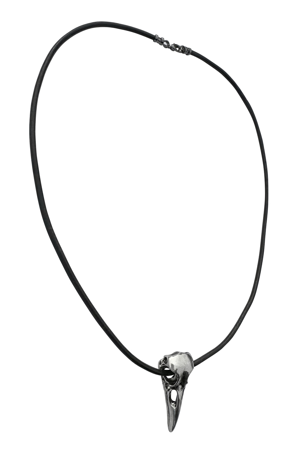 Large Silver Raven Skull on Thick Black Leather Necklace Cord - 22 Inches